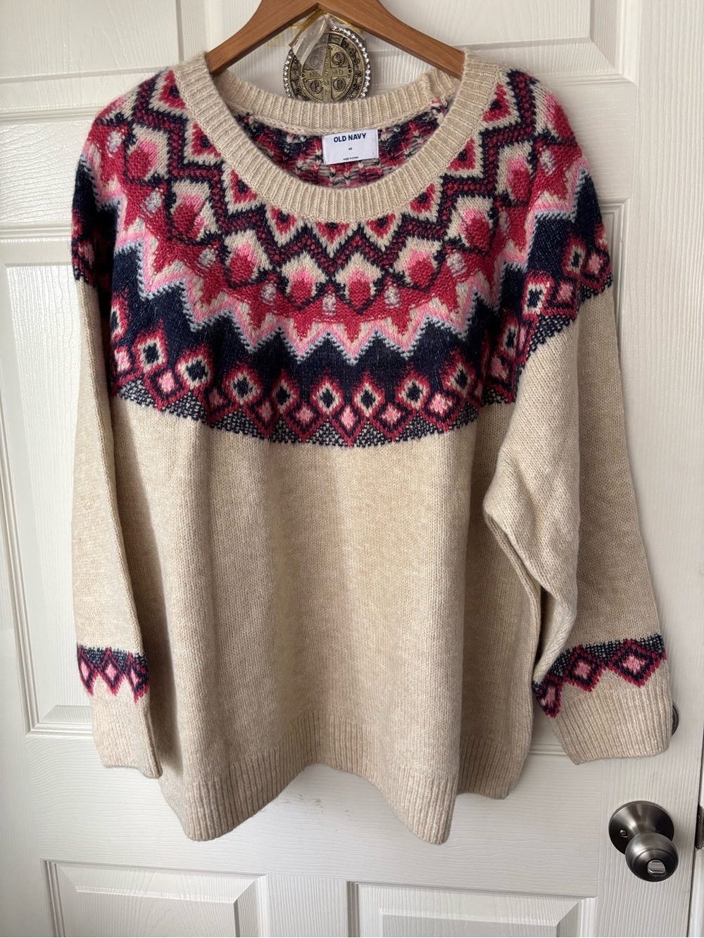 Old Navy Beige Sweater with Pink & Navy Fair Isle Yoke